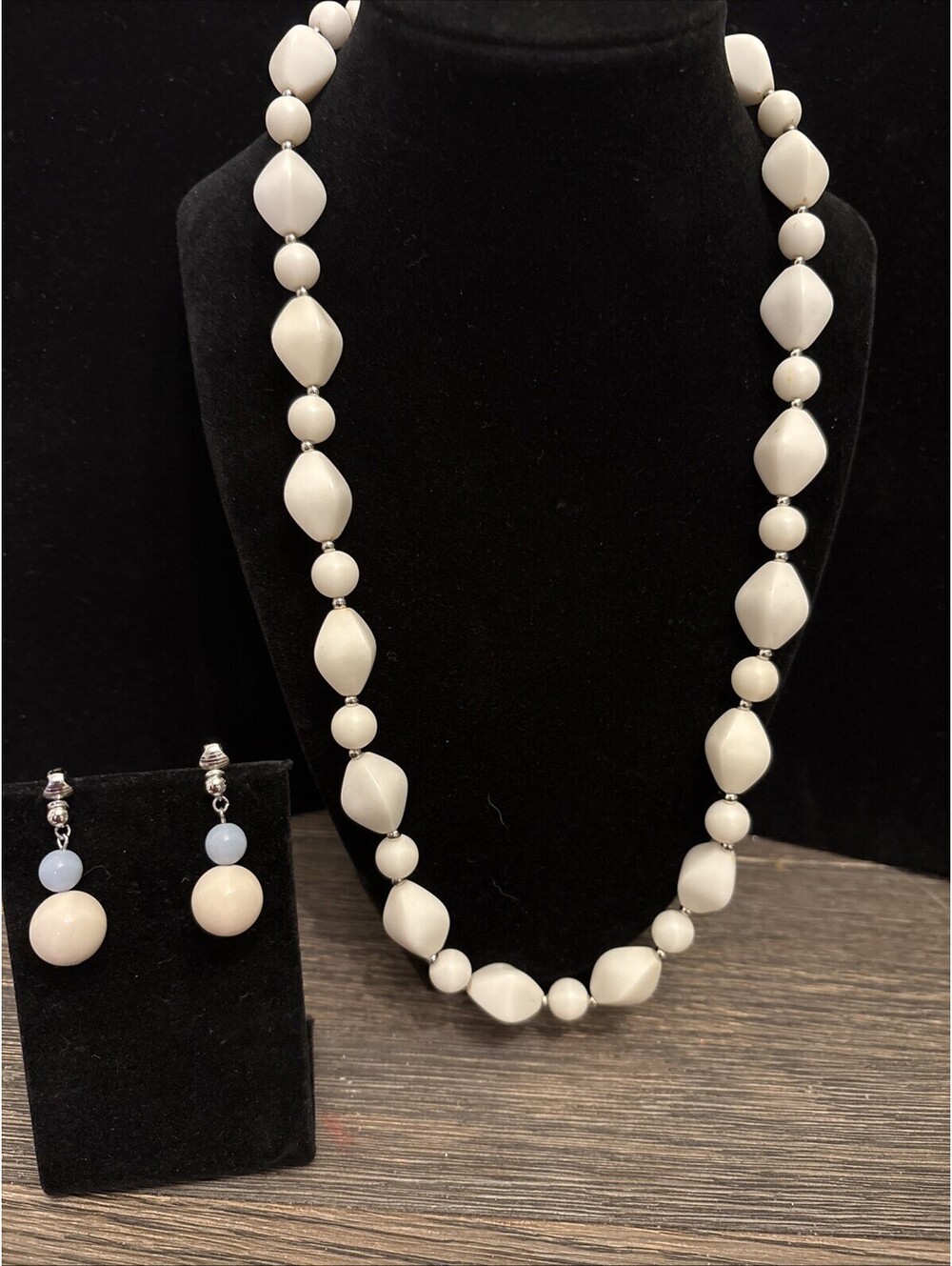 Crown Trifari Clip Earrings With Unmarked White Necklace 22”